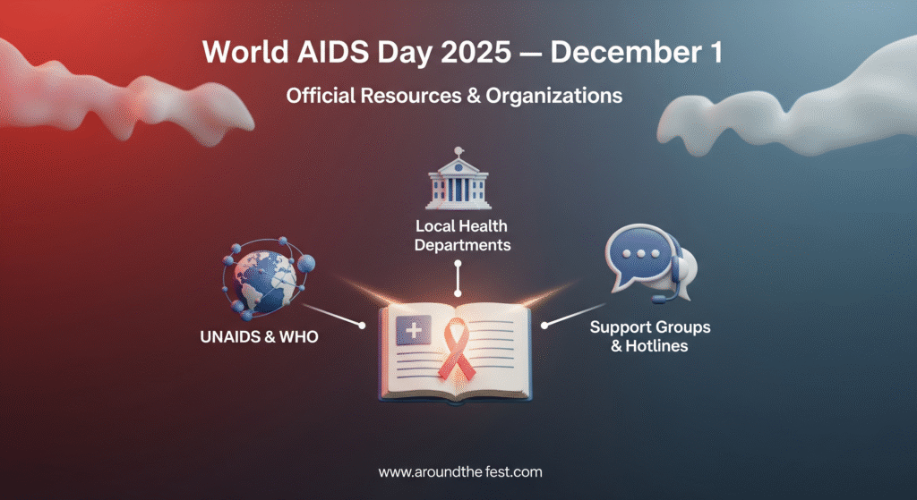 "Infographic showing key resources and official organizations including UNAIDS, WHO, local health departments, and support groups with hotlines."