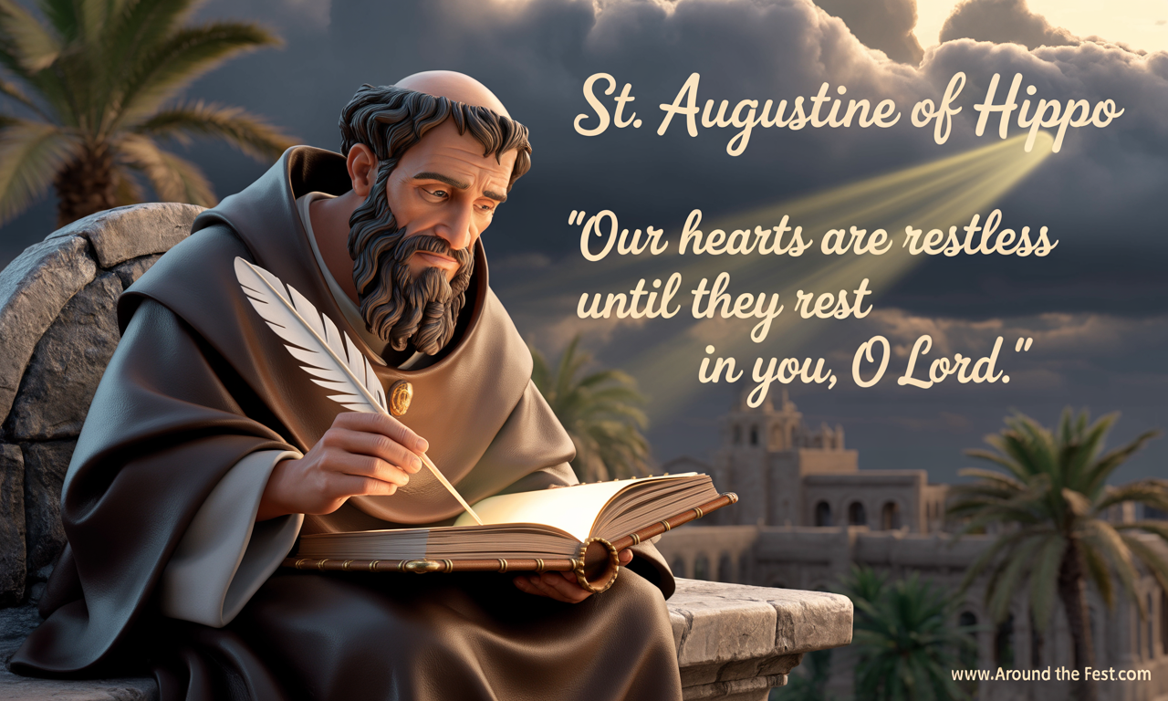 St. Augustine illustration showing contemplation and search for meaning; holding book, soft light, stormy clouds turning to sunlight, All Saints’ Day 2025 inspirational scene with quote 'Our hearts are restless until they rest in You, O Lord.'"