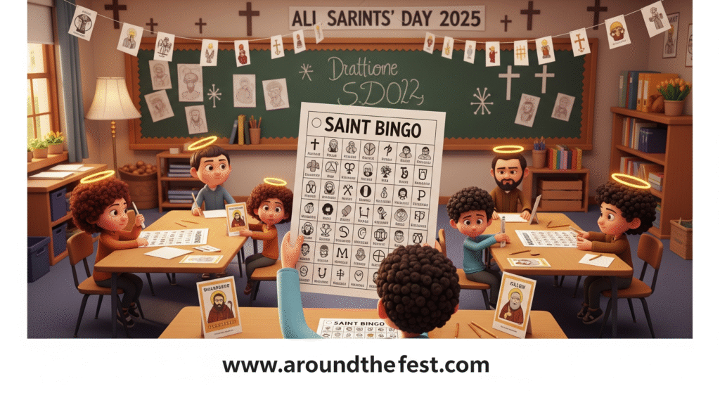 Kids playing Saint Bingo for All Saints’ Day 2025, marking cards with saint names, symbols, and feast day clues in a cheerful classroom or home setting.”