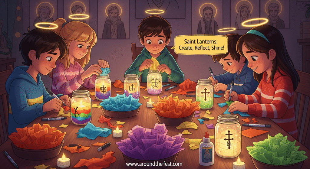 “Older children decorating mason jars with tissue paper and LED lights to make Saint Lanterns, writing saint names or symbols, with soft glowing halos in the background, creating a calming All Saints’ Day craft.”