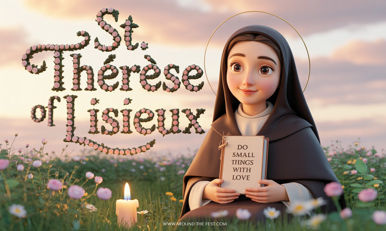 "St. Thérèse of Lisieux illustration showing humility and simplicity; surrounded by roses and sunlight, inspirational scene with quote 'Do small things with great love.'"