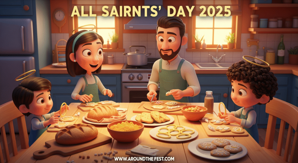 Family cooking saint-inspired All Saints’ Day meals like bread, Italian pasta, and halo cookies together in a cozy kitchen.”