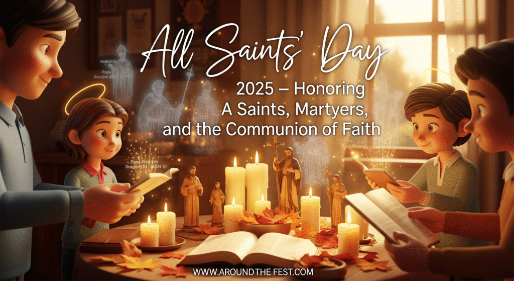 "All Saints’ Day 2025 image showing family honoring saints with candles, Bible, figurines, and subtle silhouettes of martyrs and Pope Gregory III, overlay quote about faith, devotion, and communion of saints."