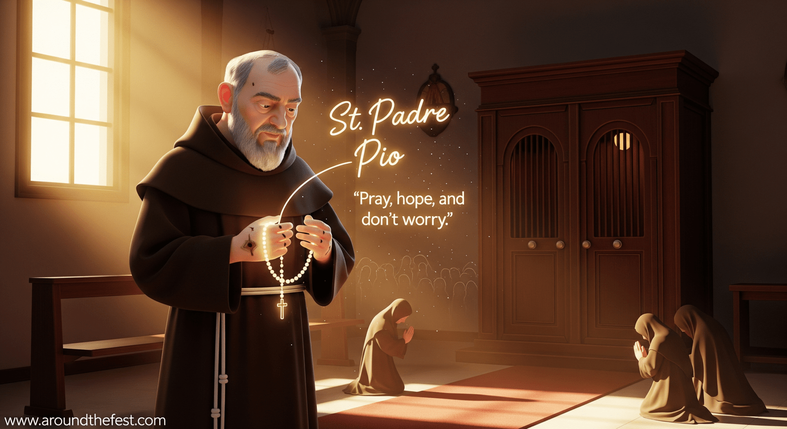 "St. Padre Pio illustration with glowing stigmata, rosary, and confessional scene, radiating prayer, humility, and the quote ‘Pray, hope, and don’t worry’ 