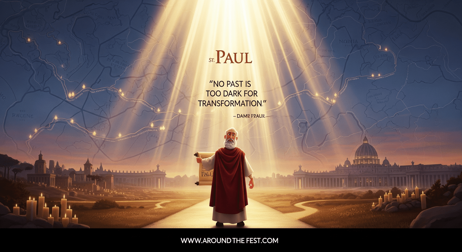 St. Paul illustration showing conversion and mission; radiant light on the road to Damascus, scroll in hand, Vatican in background, All Saints’ Day 2025 inspirational scene with quote 'No past is too dark for transformation.'"