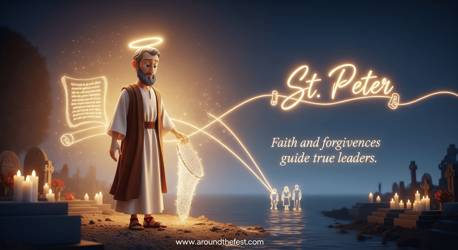 "St. Peter illustration showing leadership, forgiveness, and faith; glowing fishing net, halo, scroll, and subtle candlelight; All Saints’ Day 2025 inspirational scene with quote 'Faith and forgiveness guide true leaders.'"