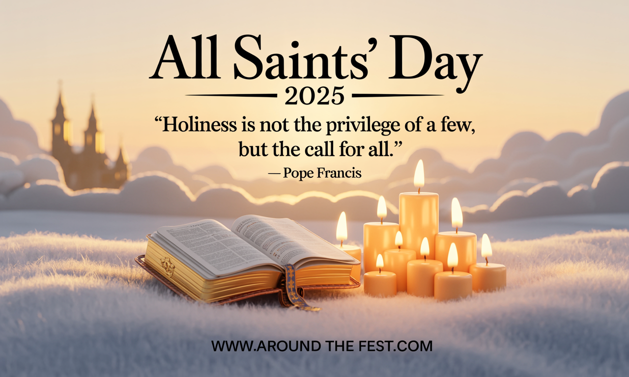 "All Saints’ Day 2025 quotes banner with golden sunrise, glowing candles, and Bible verse inspiration — perfect for sharing saint sayings, Catholic reflections, and Bible verses for All Saints’ Day."