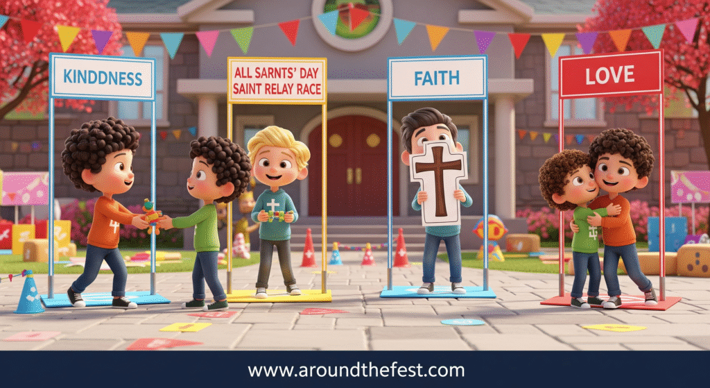 “Kids taking part in an All Saints’ Day 2025 Saint Relay Race, completing stations focused on virtues like kindness, faith, and love.”