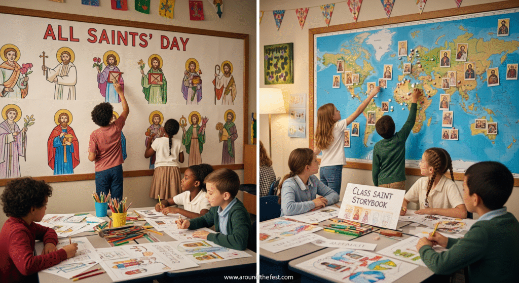 “Children working on All Saints’ Day 2025 group projects: a mural of saints, a class saint storybook, and a world map showing saints from different countries.”