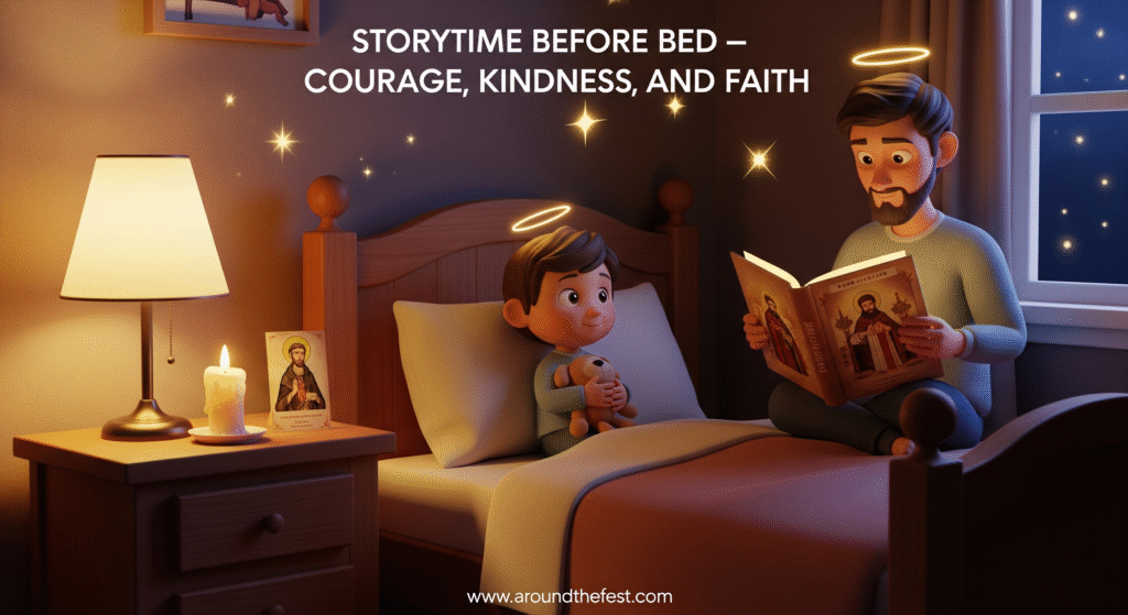 Parents reading saint stories to children at bedtime with cozy lamps and illustrated books, All Saints’ Day 2025 family tradition that teaches kindness and courage.”