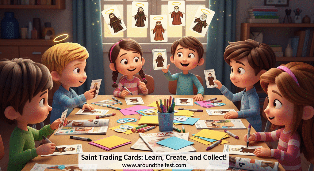 “Elementary school children creating and trading Saint Trading Cards with drawings, fun facts, and magazines, with haloed saint illustrations above, making All Saints’ Day learning interactive and fun.”