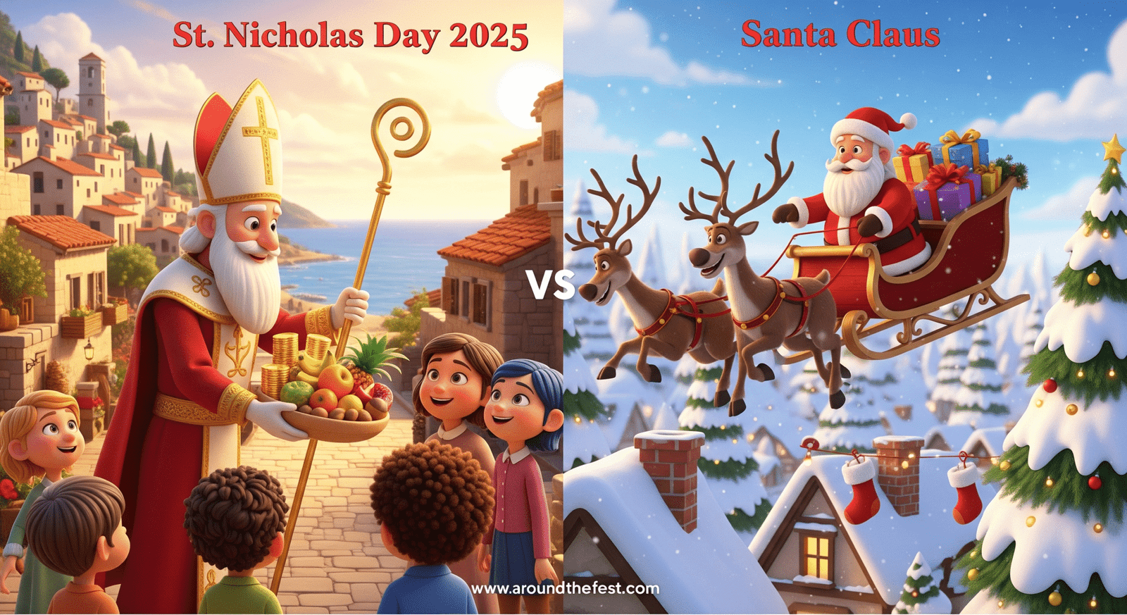 Split-scene illustration showing St. Nicholas Day 2025 in historical Europe with a bishop giving gifts, versus Santa Claus in a modern snowy village delivering presents from a sleigh.”