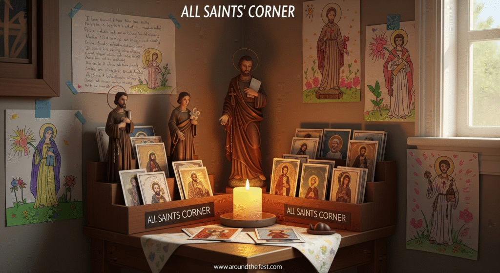 “Family Saints Corner at home with saint statues, prayer cards, kids’ drawings, and a glowing candle for All Saints’ Day 2025.”