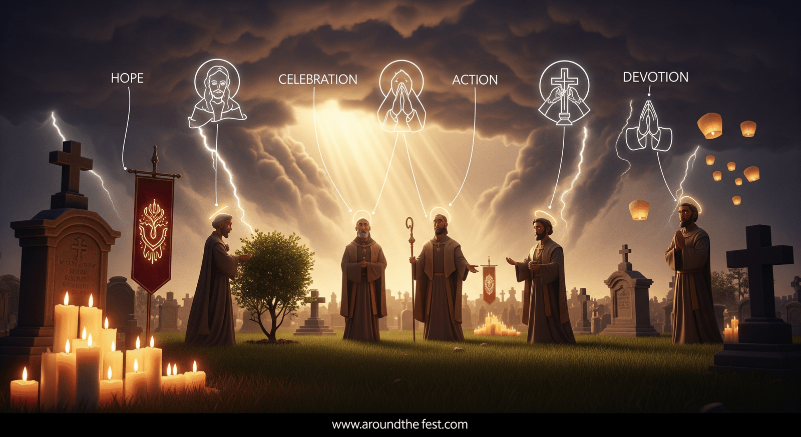 "All Saints’ Day 2025 illustration showing saints radiating light, candlelit cemeteries, colorful tombs, acts of care, and prayerful devotion in a warm, painterly style."