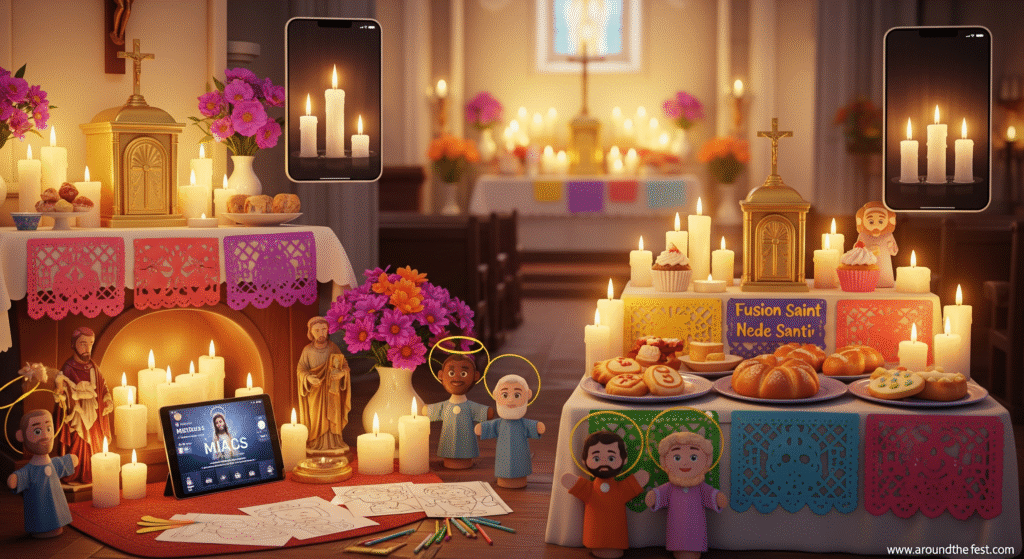 All Saints’ Day 2025 modern and traditional traditions worldwide — candles, home altars, livestreamed Mass, saint crafts, community fairs, and cultural foods like Huesos de Santo (Spain) and Pane dei Santi (Italy), blending faith, family, and global heritage.”
