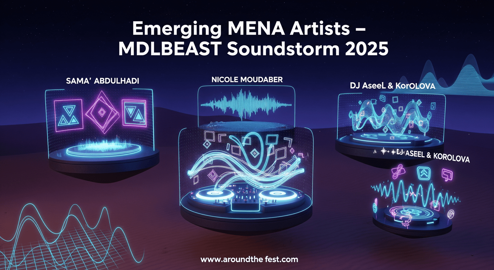 Banban Desert, Riyadh featuring emerging MENA artists Sama’ Abdulhadi, Nicole Moudaber, DJ Aseel, and Korolova with neon-lit techno stages, holographic light trails, and abstract electronic music visuals, no humans."