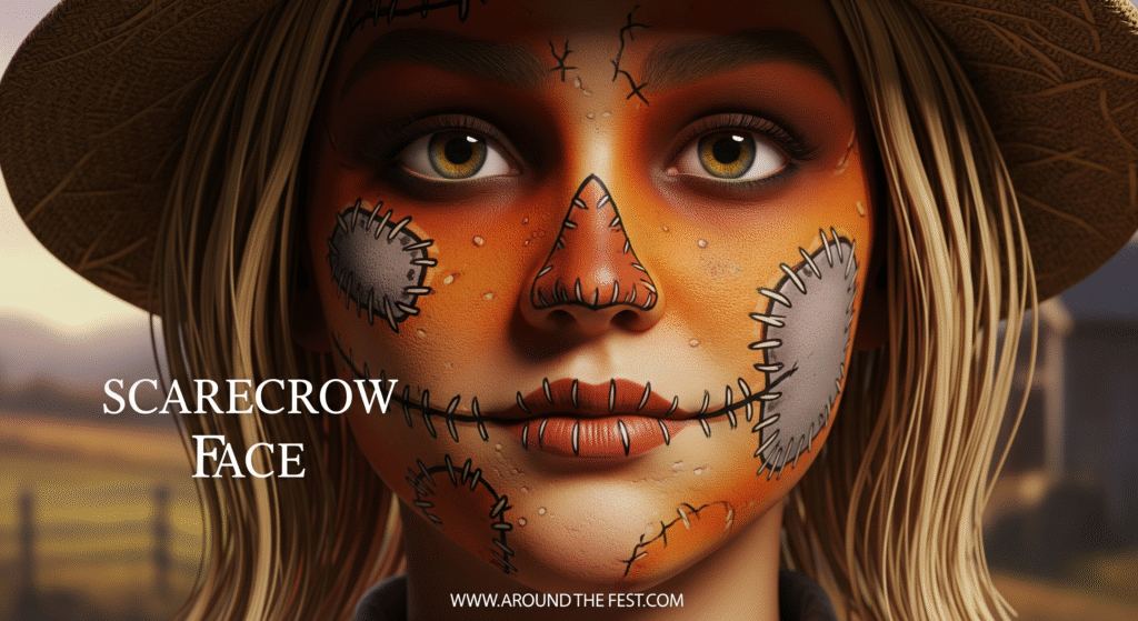 "Photorealistic Scarecrow Face Halloween makeup with patchwork, stitched mouth, triangular nose, exaggerated eyes, and 'Scarecrow Face' written on the image."