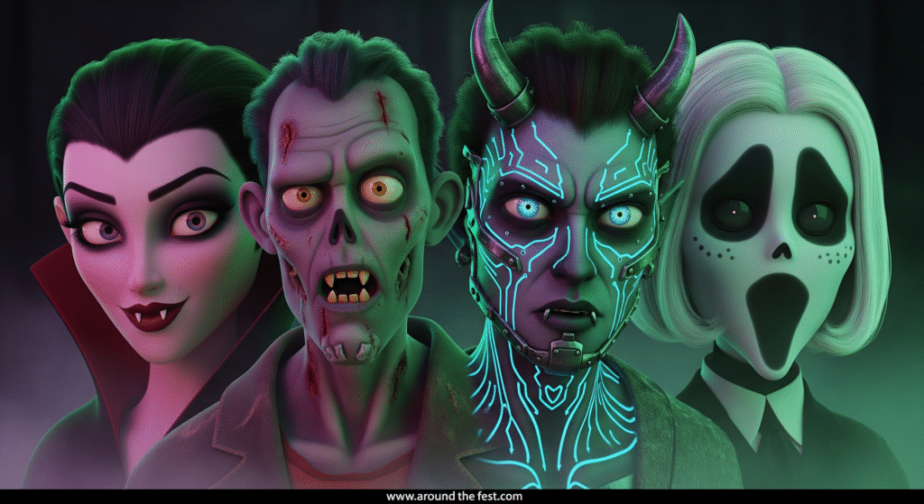 Collage of 2025 Halloween Special Effect Makeup trends including vampire, zombie, cyberpunk demon, holographic alien, and Victorian ghost in a cinematic, eerie setting with neon and fog effects."