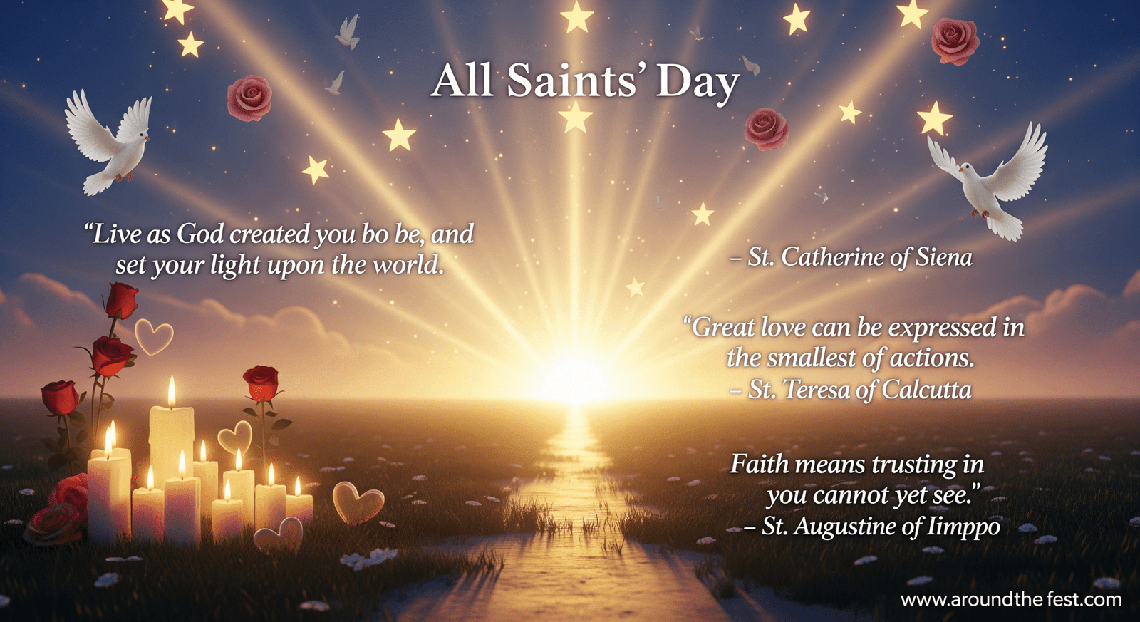 "Peaceful All Saints’ Day 2025 social media artwork featuring 2–3 saint quotes, with glowing candles, hearts, roses, and soft golden light for inspiration, love, and faith."