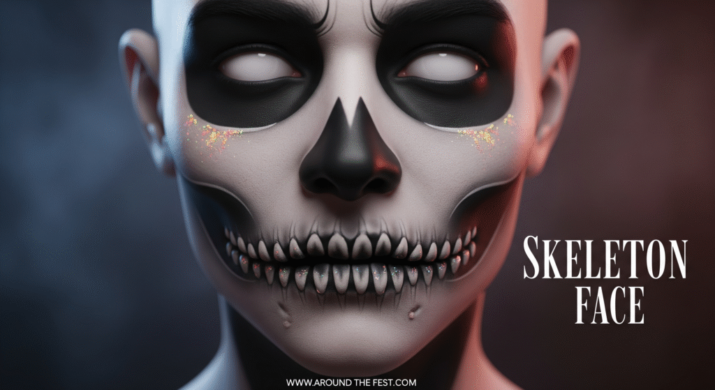 Hyper-realistic Skeleton Face Halloween makeup with black-and-white skull design, neon/glitter accents, and 'Skeleton Face' written on the image."