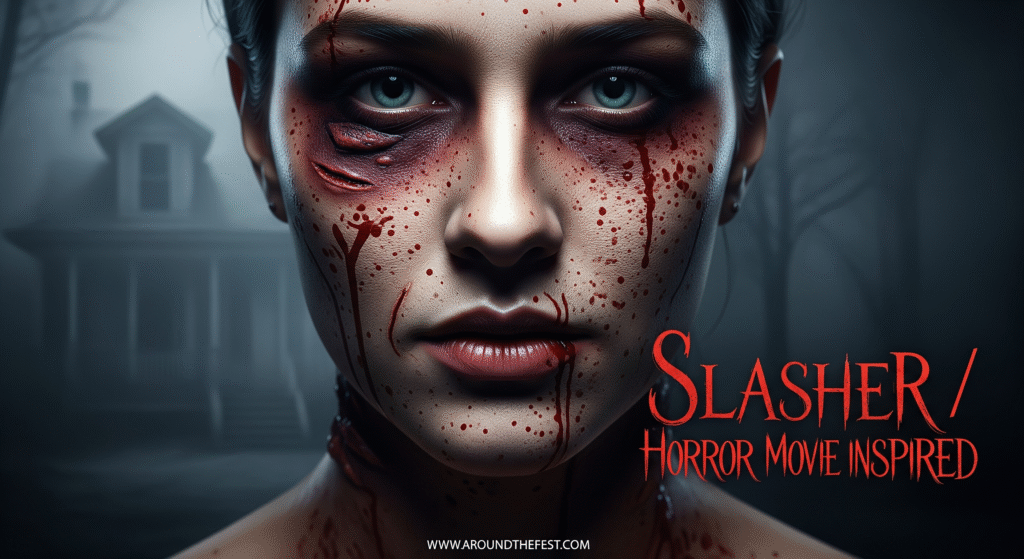 "Ultra-realistic Slasher / Horror Movie Halloween makeup with cuts, bruises, blood spatters, and 'Slasher / Horror Movie Inspired' written on the image."