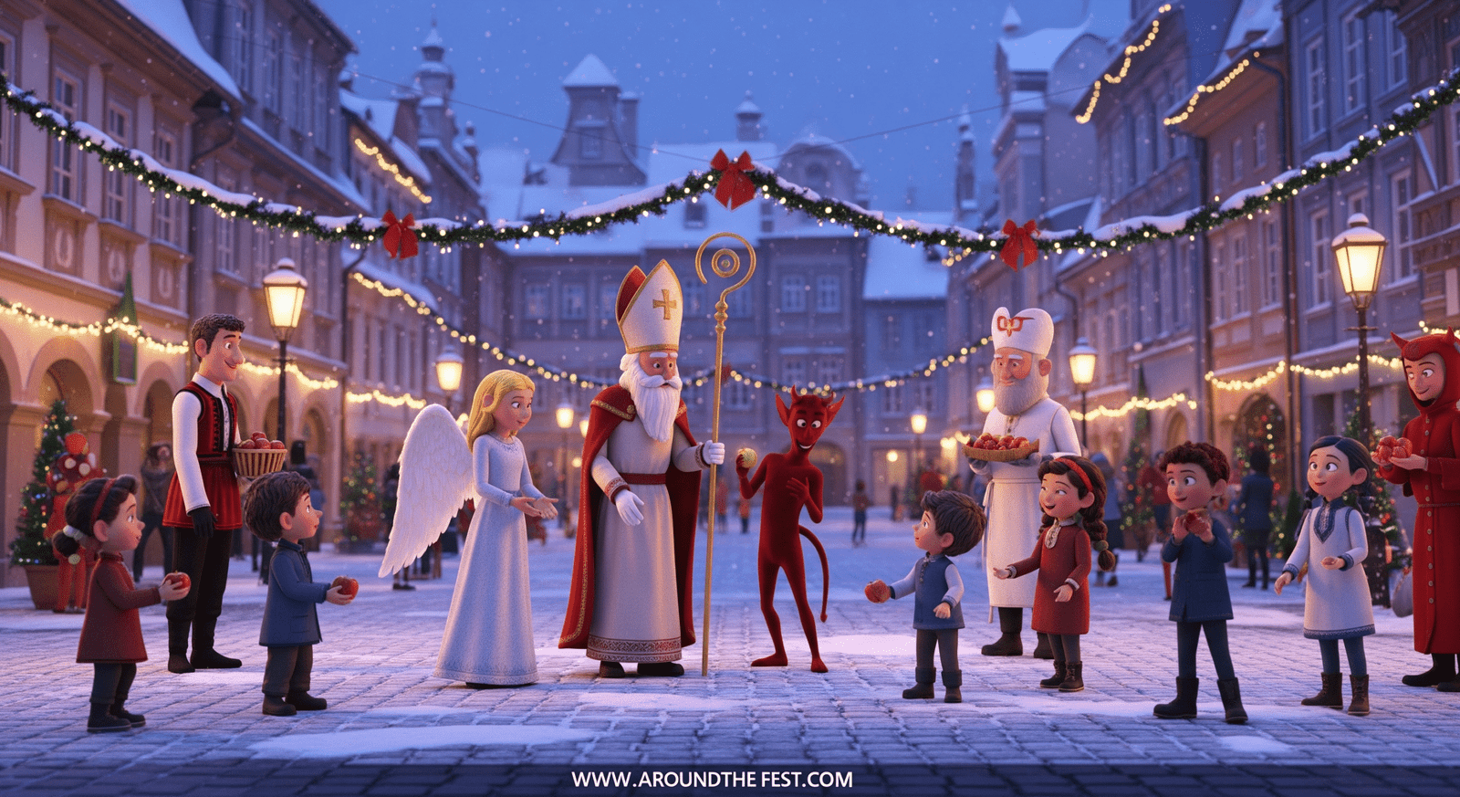 “Slovakia Mikuláš Day 2025 angel, and devil giving children sweets in festive town squares.”