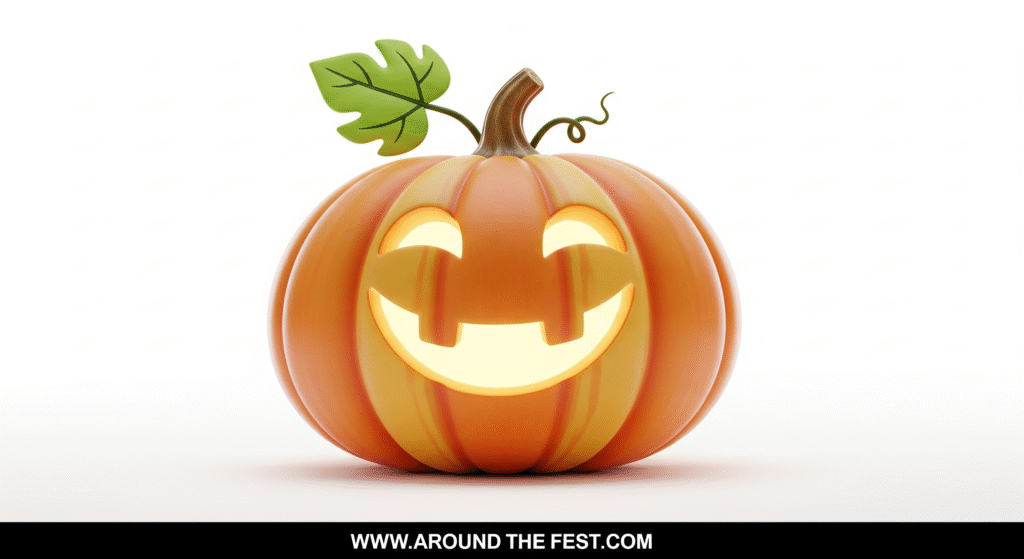 “Cute smiling cartoon pumpkin drawing with bright orange color, green leaf on stem, and playful doodle style on white background.”