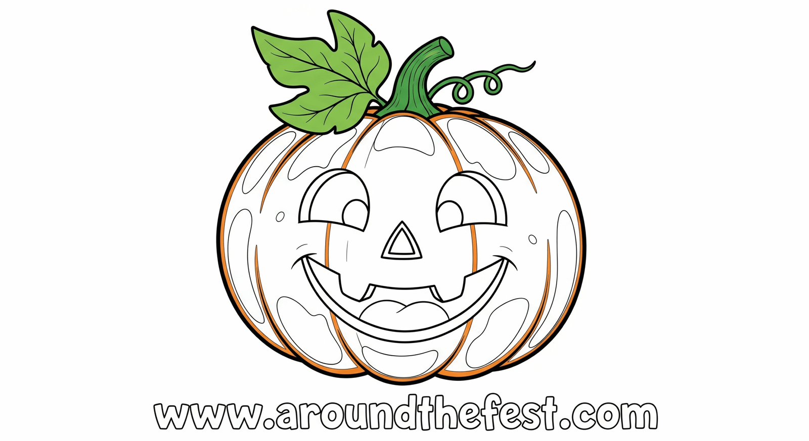 “Cute smiling cartoon pumpkin drawing with bright orange color, green leaf on stem, and playful doodle style on white background.”