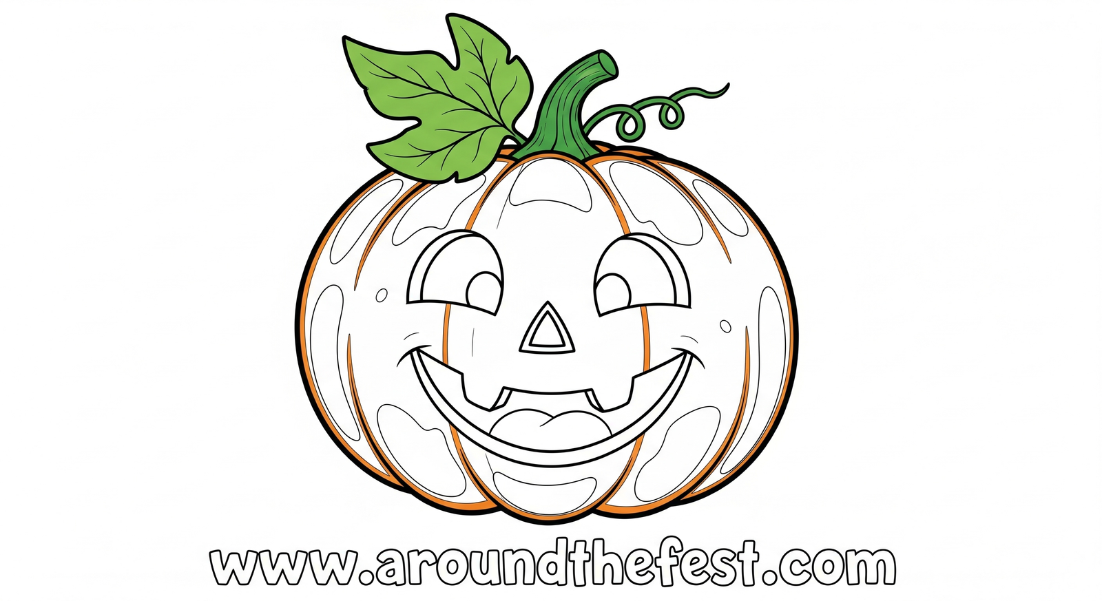 “Cute smiling cartoon pumpkin drawing with bright orange color, green leaf on stem, and playful doodle style on white background.”