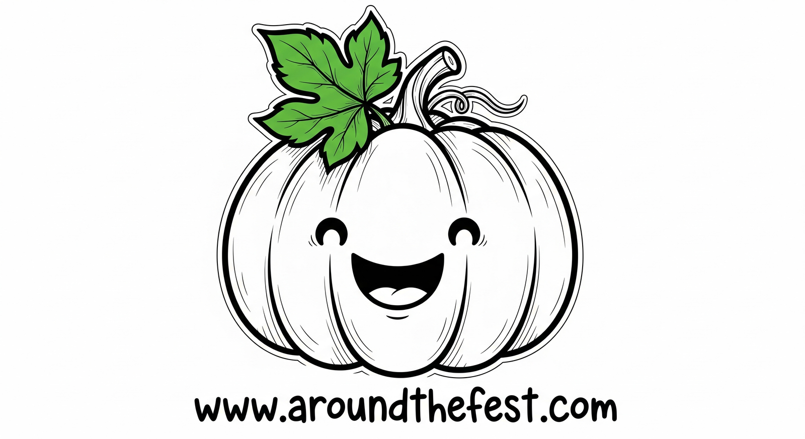 “Cute smiling cartoon pumpkin drawing with bright orange color, green leaf on stem, and playful doodle style on white background.”