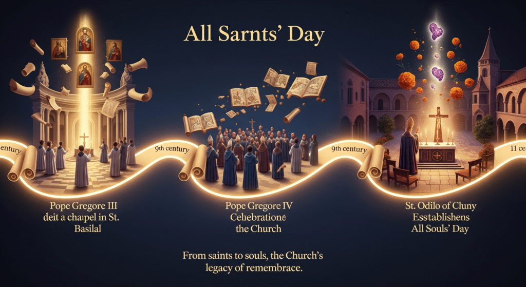 "Flowing timeline illustration showing All Saints’ Day origins with Pope Gregory III and IV, and All Souls’ Day with St. Odilo of Cluny, highlighting historical development in a single scene."