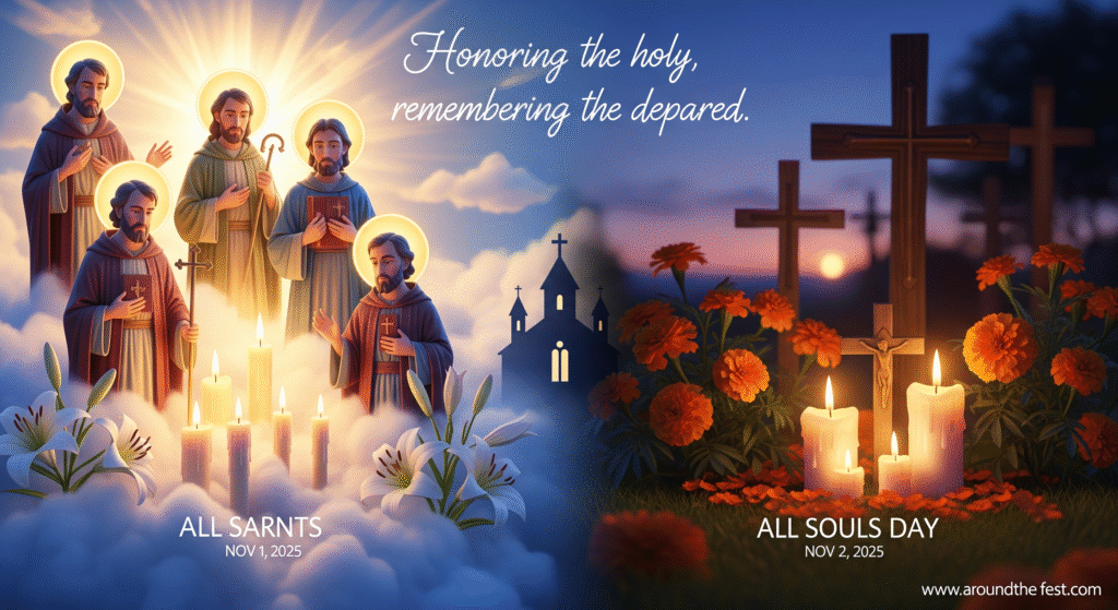 "Visual of All Saints’ Day and All Souls’ Day featuring halos, candles, lilies, and a central church silhouette."