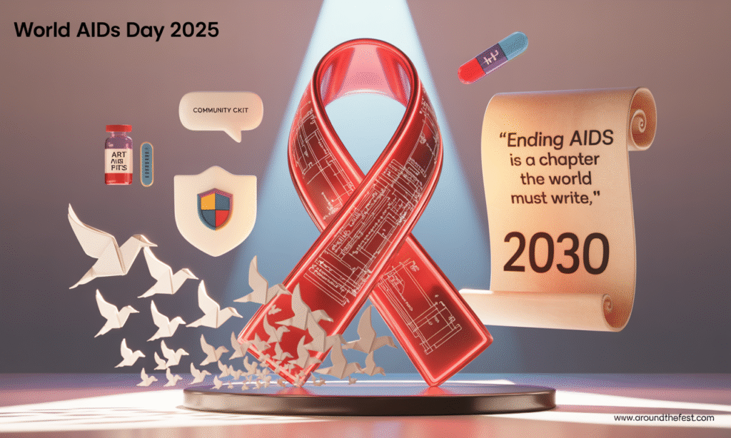 Red glowing glass AIDS ribbon transforming into white origami doves, with “2030” and the quote “Ending AIDS is a chapter the world must write,” symbolizing hope, solidarity, and global action.