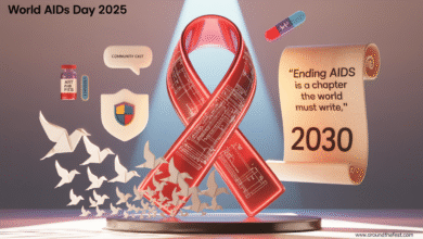Red glowing glass AIDS ribbon transforming into white origami doves, with “2030” and the quote “Ending AIDS is a chapter the world must write,” symbolizing hope, solidarity, and global action.