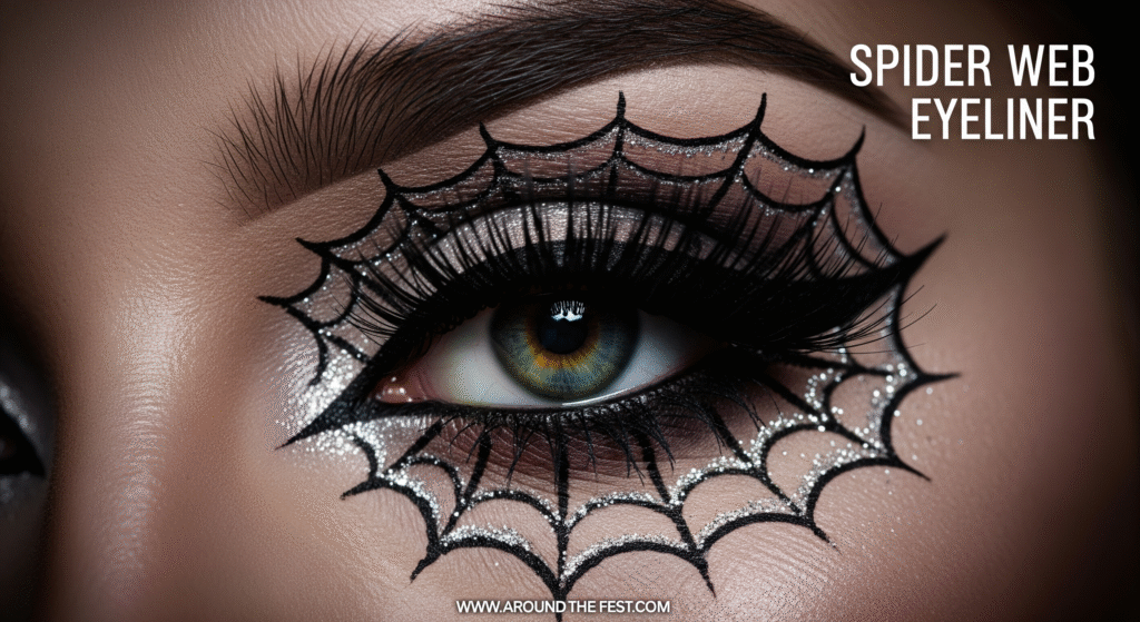 Close-up of a dramatic look featuring spider web eyeliner. Black eyeliner extends into a spider web design from the outer corner of the eye, with optional silver glitter highlights. The lashes are bold and voluminous, creating a sharp contrast. Dark, moody background with subtle Halloween vibe. Title text on image: Spider Web Eyeliner."