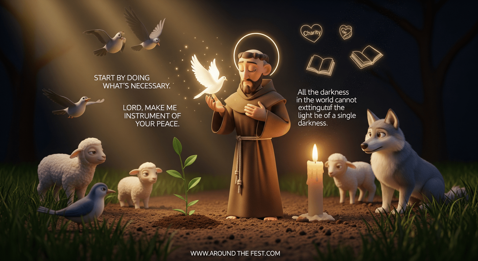 "St. Francis of Assisi with animals, planting seeds, holding a dove, glowing symbols of charity and wisdom, and a single candle shining against darkness