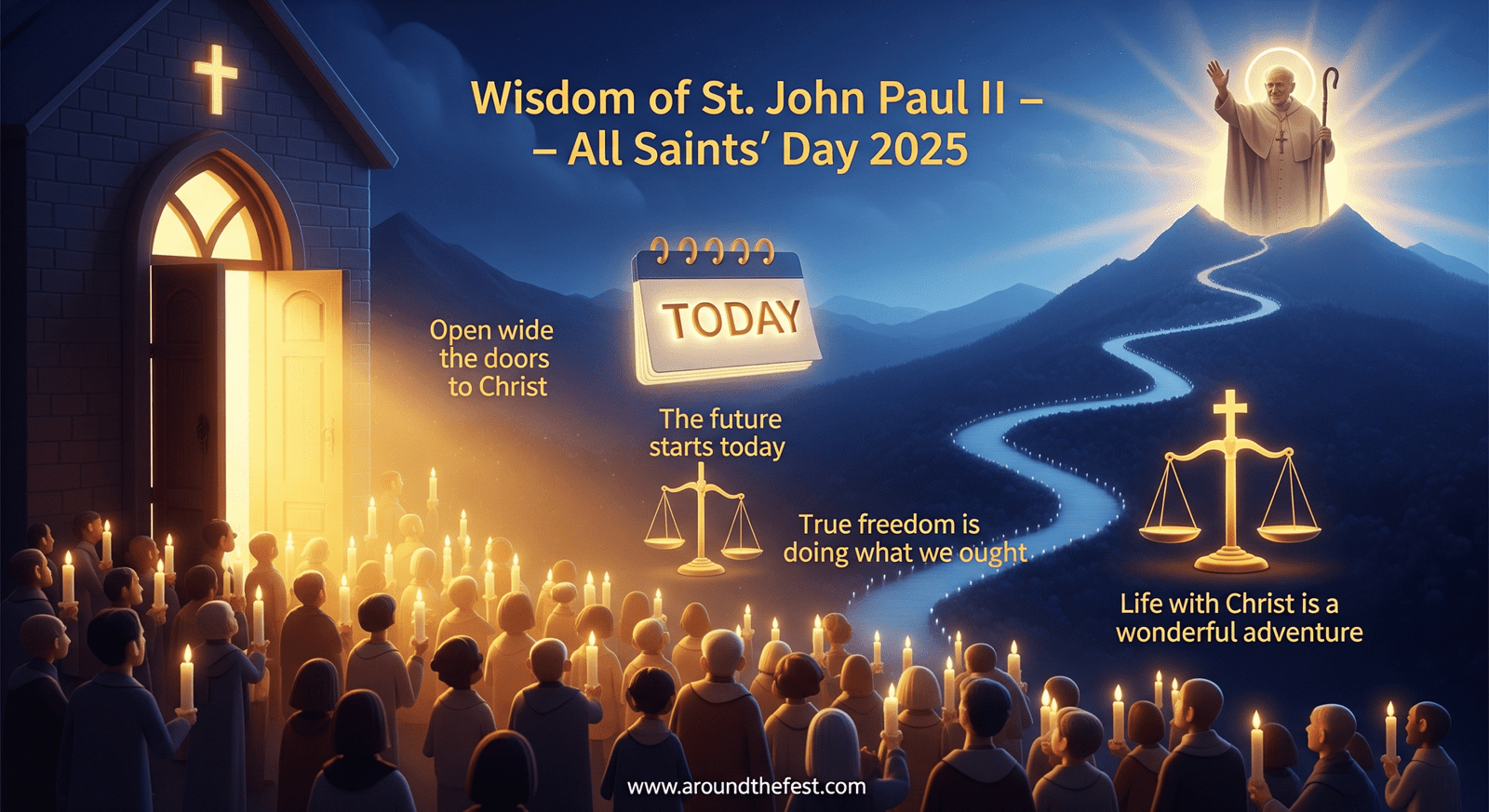 St. John Paul II quotes collection for All Saints’ Day 2025 with glowing candles, open church doors, golden calendar, balanced scales, and sunrise mountain path — symbolizing faith, freedom, hope, and the adventure of life with Christ."