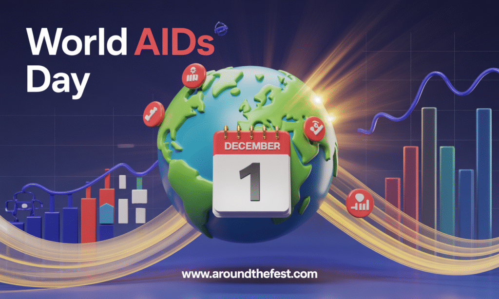 banner showing a glowing December 1 calendar over a world map, with red ribbons connecting continents, icons of HIV testing, awareness events, and charts representing global coordination, data tracking, and public memory."