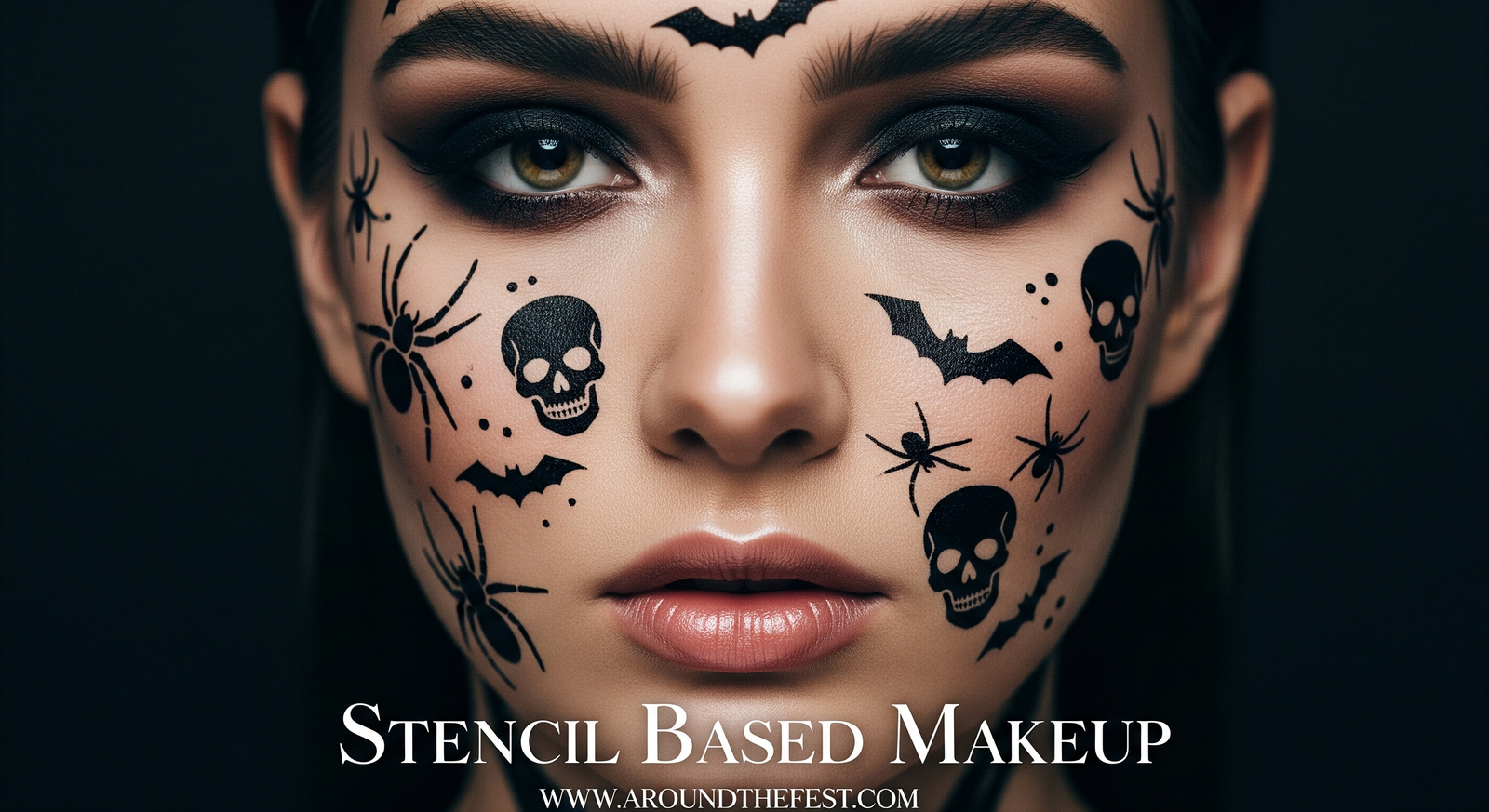 "Stencil-Based look featuring spiders, bats, and skull designs applied with stencils on cheeks and forehead, clean edges blended with eyeliner and eyeshadow for a spooky beginner-friendly style."