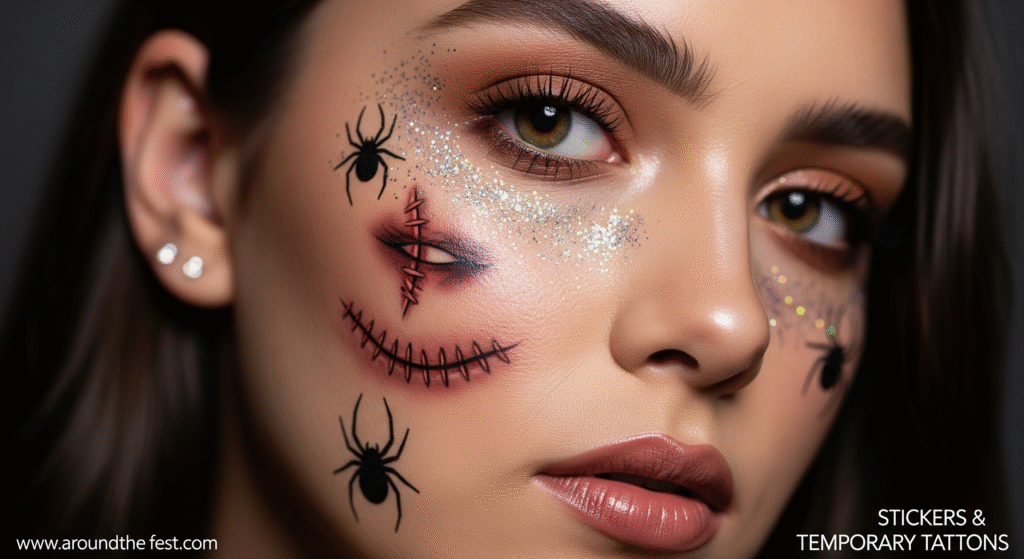“Easy Halloween look using scar tattoos and spider stickers with glitter accents, beginner-friendly no-makeup costume idea.”