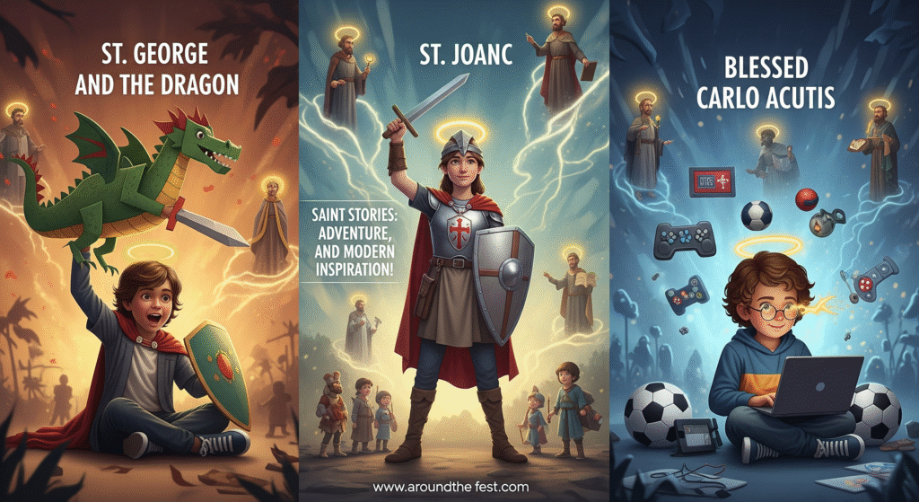 “Children acting out saint stories: battling a paper dragon, role-playing as Joan of Arc with toy sword and shield, and using technology like Blessed Carlo Acutis, with haloed saint illustrations, showing inspiring All Saints’ Day stories for ages 8–12.”