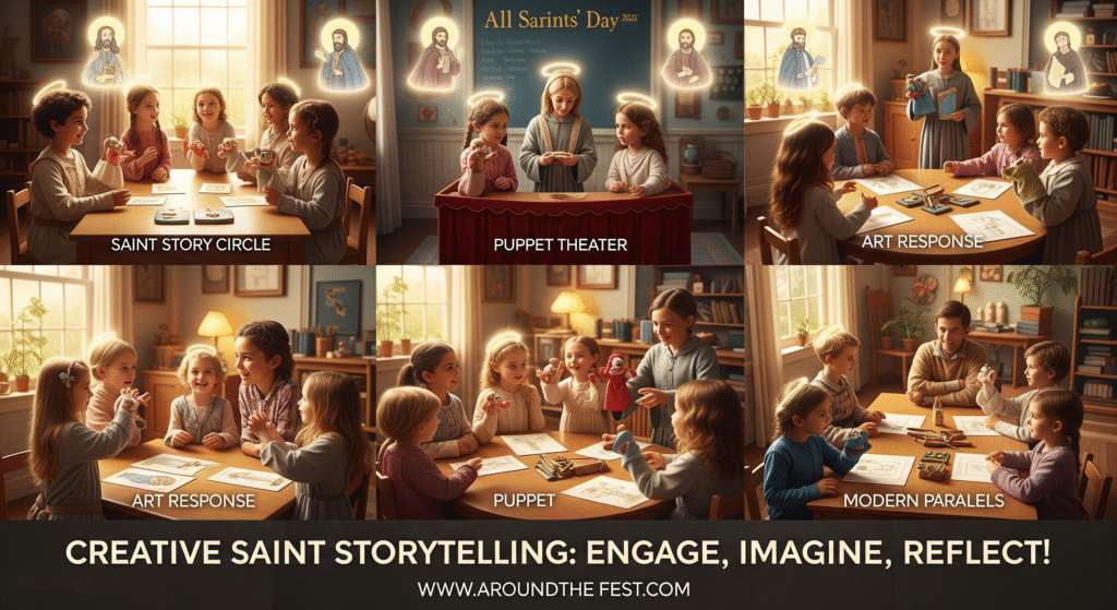 “Children engaging in Saint Story Circle, puppet theater, interactive questions, art responses, and acting out saintly deeds, with haloed saint illustrations in the background, showing creative storytelling formats for All Saints’ Day.”