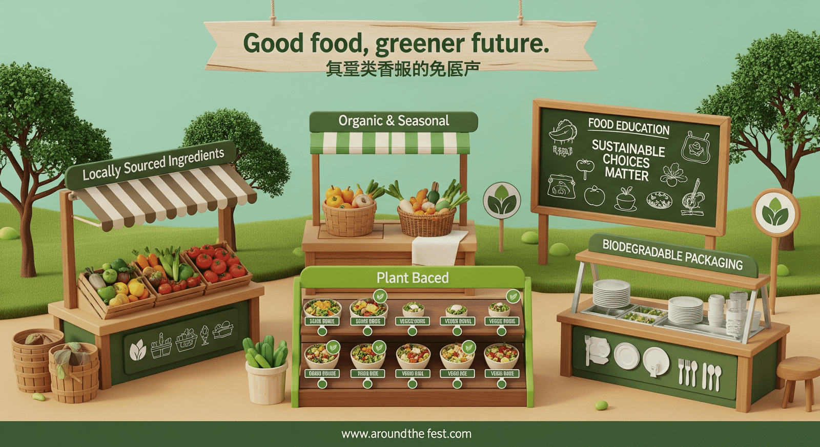 "Woodford Folk Festival 2025 sustainable food infographic with farm-to-table stall, organic produce, plant-based menu options, biodegradable utensils, and food education board, featuring the quote: 'Good food, greener future.'"