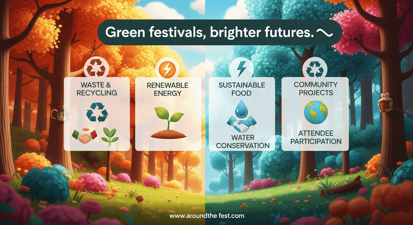 "Woodford Folk Festival 2025 hero banner showing sustainability initiatives with labeled recycling, renewable energy, sustainable food, water conservation, community projects, and attendee actions, featuring the quote: 'Green festivals, brighter futures.'"