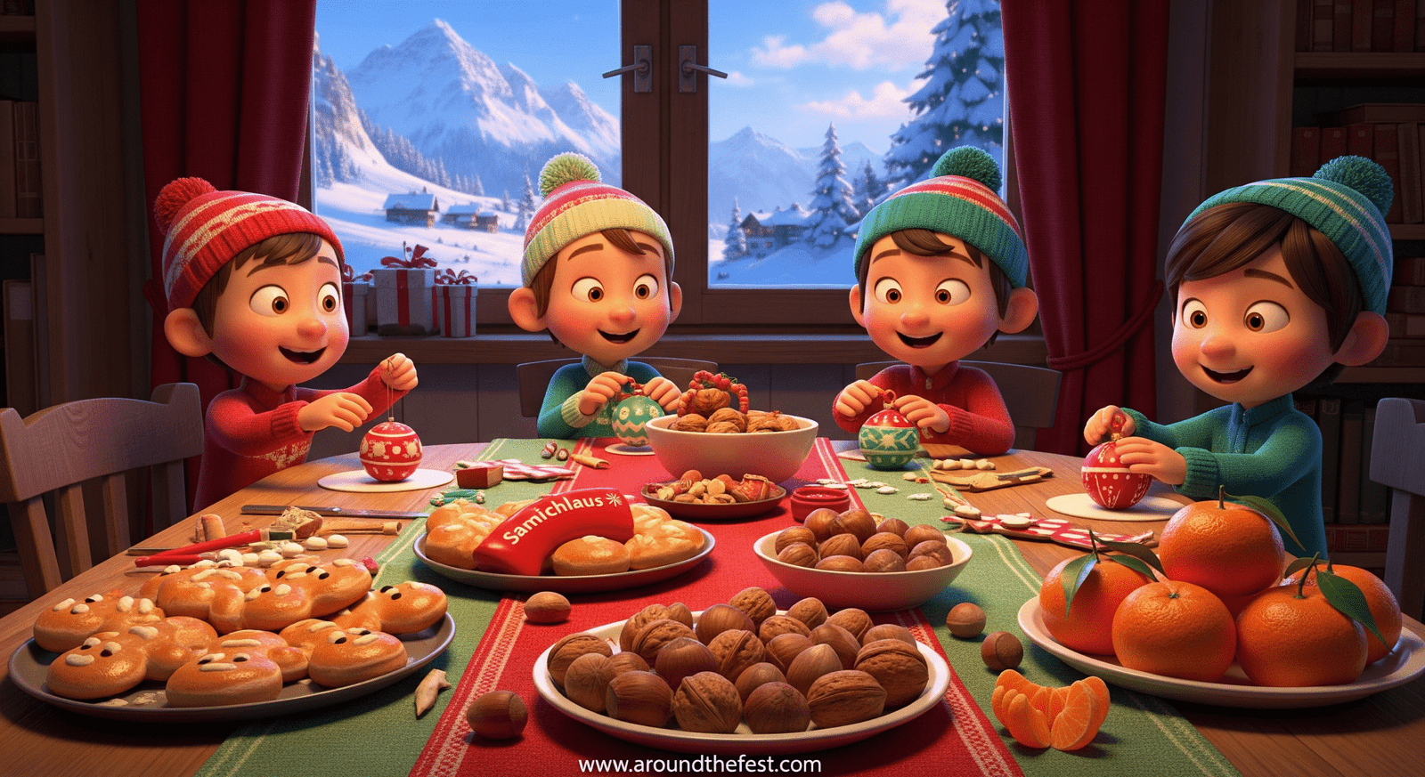 “Swiss St. Nicholas Day treats: Grittibänz sweet breads, Samichlaus chocolates, nuts, and mandarin oranges, with children decorating ornaments.”