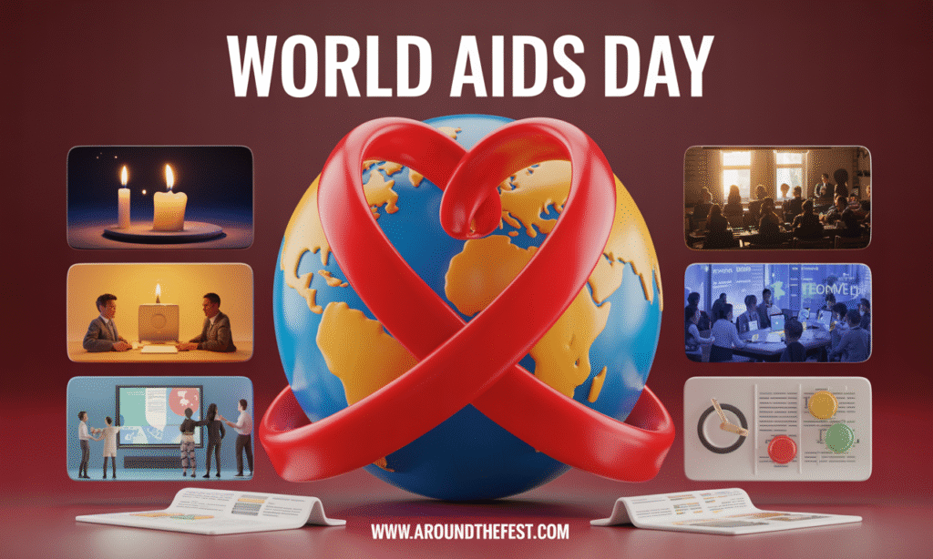  banner showing a glowing red ribbon forming a heart over a world map, surrounded by candlelight vigils, school awareness programs, workplace events, media icons, and policy documents, representing honoring lives lost, solidarity with those living with HIV, and cultural impact."