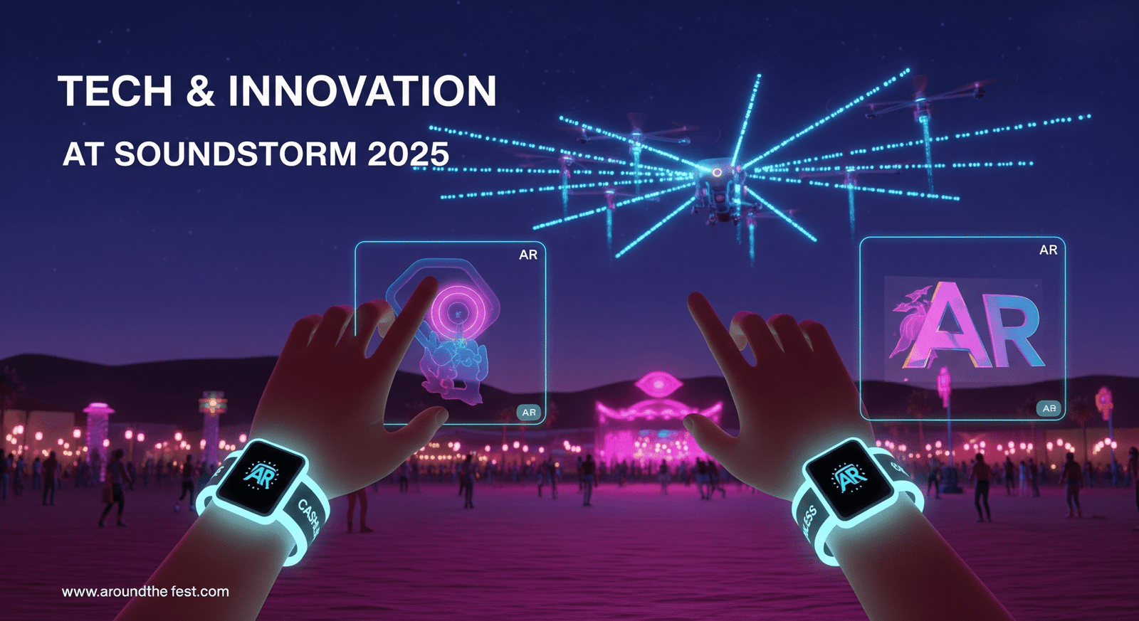 "Tech & Innovation at Soundstorm 2025 featuring cashless wristbands, AR filters, and synchronized drone shows for a futuristic festival experience."