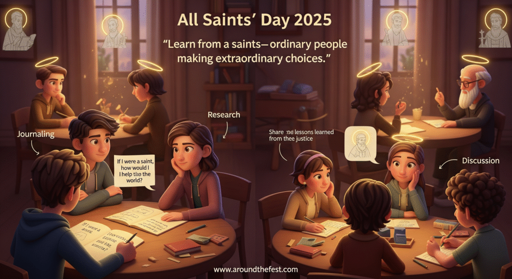 Tweens and teens journaling, researching saints, and discussing values like courage and justice, with haloed saint illustrations in the background, highlighting meaningful ways to celebrate All Saints’ Day.”