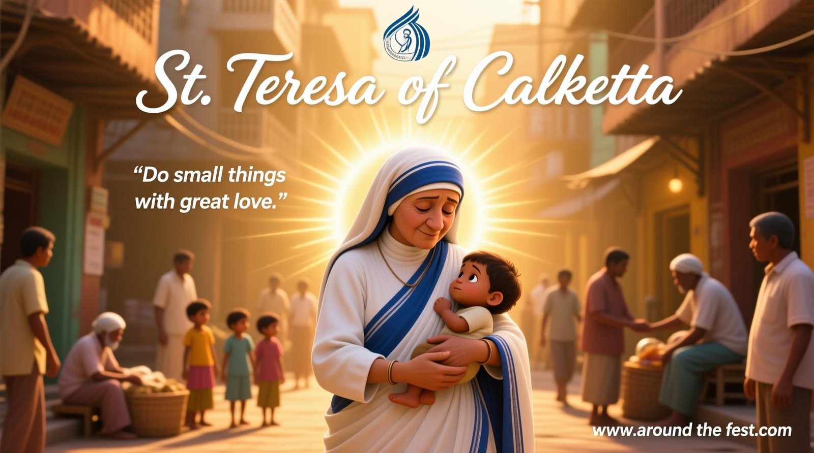 "St. Teresa of Calcutta artwork in white sari with blue border, caring for the poor in Kolkata, radiant golden light, with the quote ‘Do small things with great love’ — All Saints’ Day 2025 inspiration."