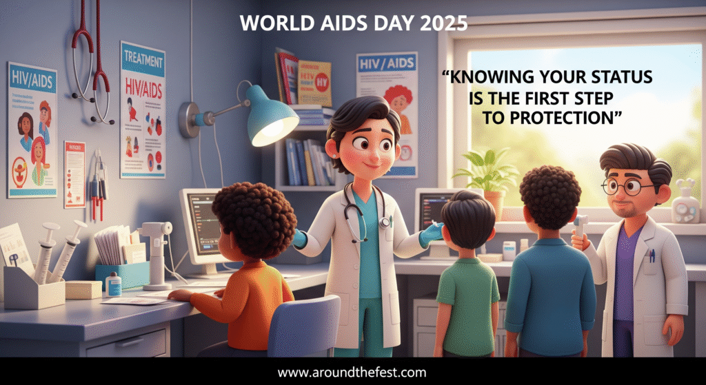 “Illustration oftesting for diverse individuals, emphasizing prevention tips, with healthcare symbols and quote: ‘Knowing your status is the first step to protection.’”
